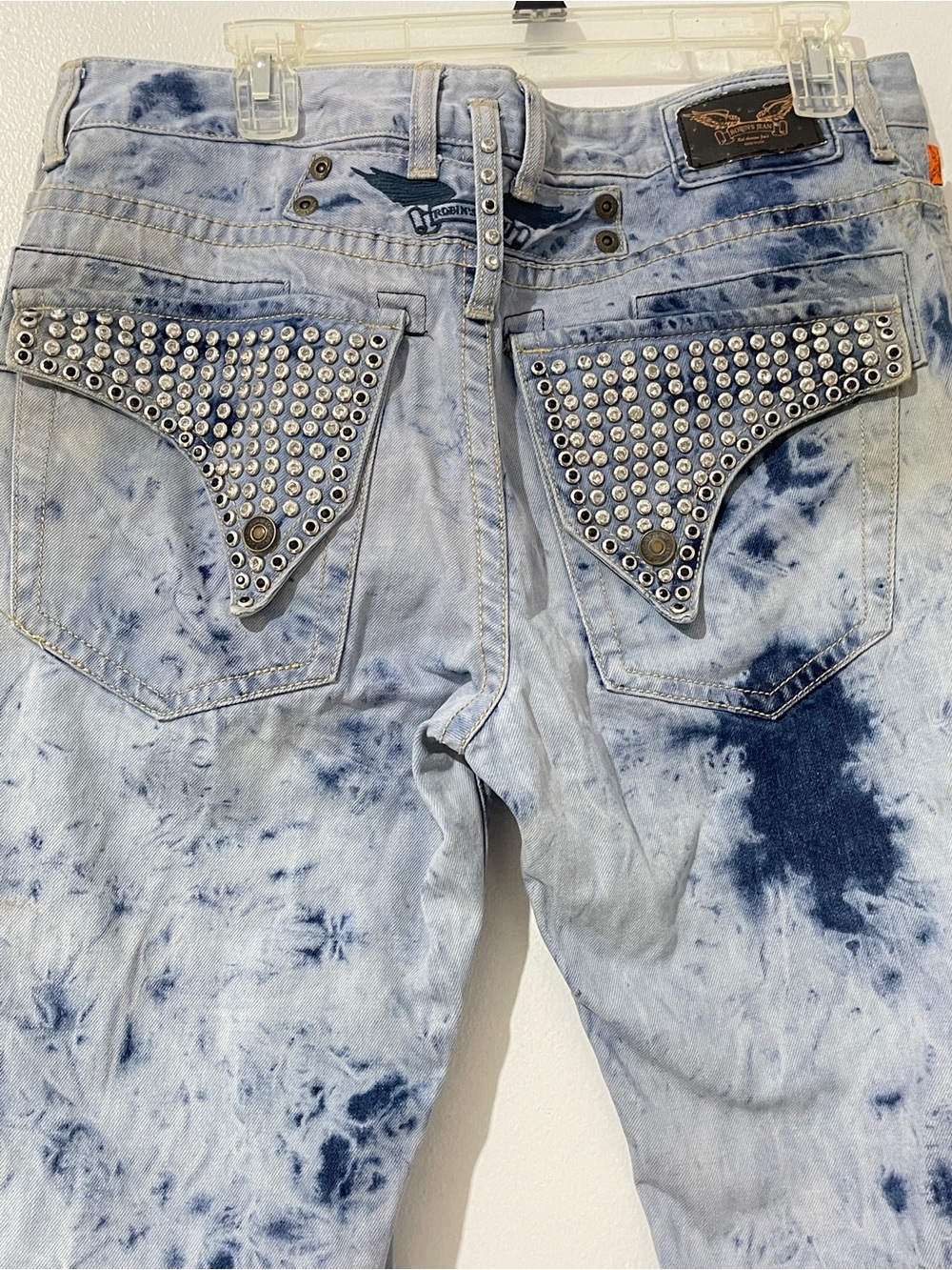 Robins Jean Mens Motor Size 36 Acid Wash Studded Crystal Flap Pocket Jeans USA